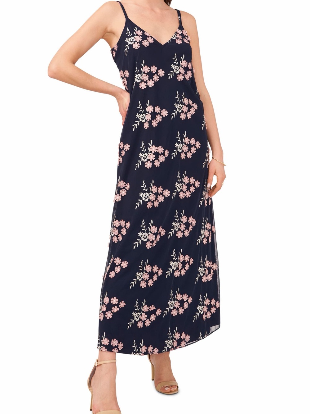Vince Camuto Navy Slip Dress with Pink Floral Appliqué